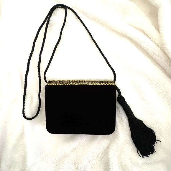 Small Black Velvet and Gold Brocade Crossbody Purse with Tassel Never Used New - Picture 2 of 8
